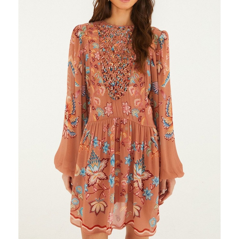 FARM Rio Mocha Boho Enhance Lace Long Sleeve Mini Dress Floral S Resort Fall NWT